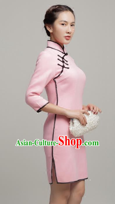 Chinese Traditional Classical Pink Short Cheongsam National Tang Suit Qipao Dress for Women