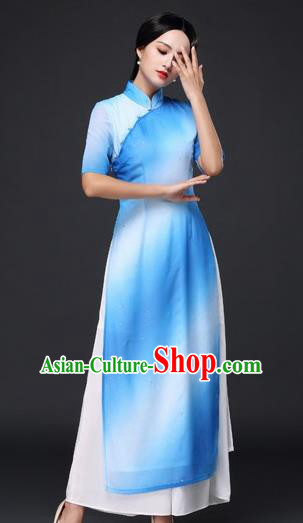 Chinese Traditional Classical Dance Blue Cheongsam National Costume Tang Suit Qipao Dress for Women