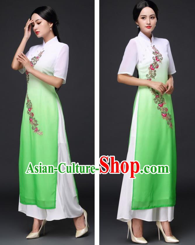 Traditional Chinese Classical Dance Green Cheongsam National Costume Tang Suit Qipao Dress for Women
