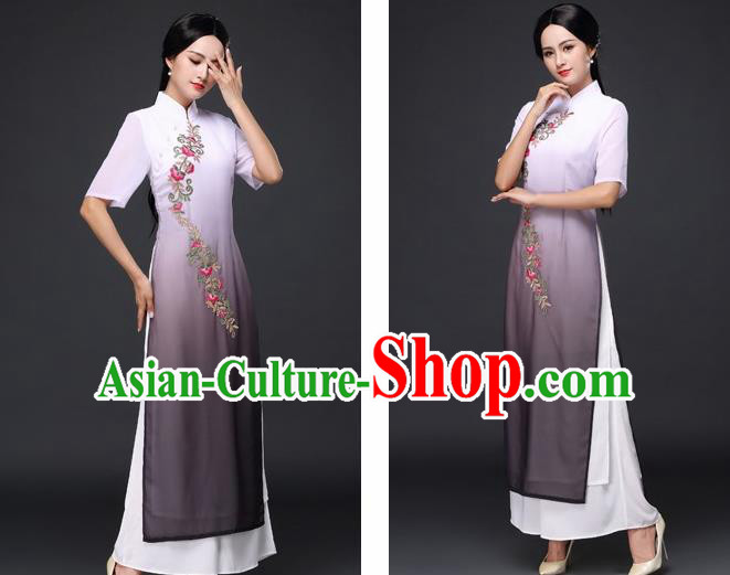 Traditional Chinese Classical Dance Grey Cheongsam National Costume Tang Suit Qipao Dress for Women