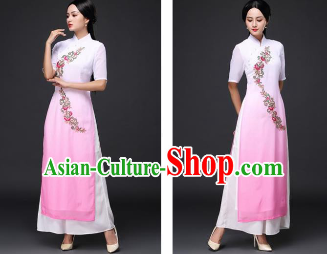 Traditional Chinese Classical Dance Pink Cheongsam National Costume Tang Suit Qipao Dress for Women