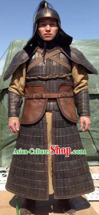 Chinese Ancient Cosplay Soldier Armor and Helmet Traditional Yuan Dynasty General Costumes Complete Set for Men
