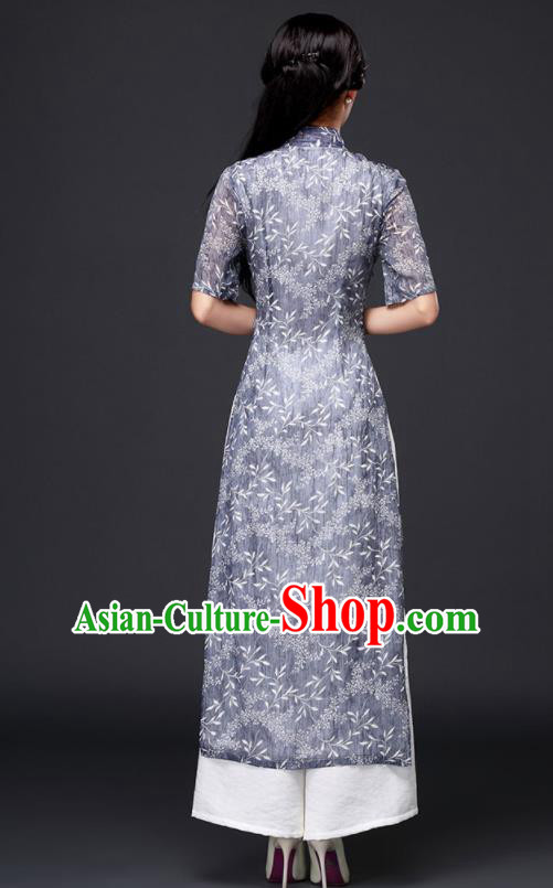Traditional Chinese Classical Blue Organza Cheongsam National Costume Tang Suit Qipao Dress for Women