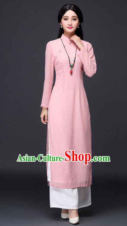 Traditional Chinese Classical Pink Veil Cheongsam National Costume Tang Suit Qipao Dress for Women
