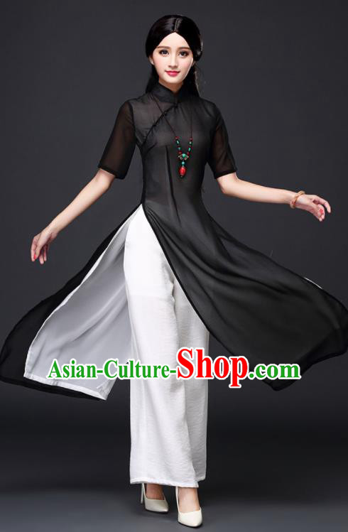 Traditional Chinese Classical Black Veil Cheongsam National Costume Tang Suit Qipao Dress for Women