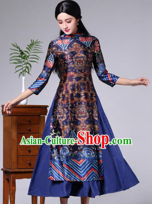 Traditional Chinese Classical Printing Dragons Royalblue Cheongsam National Costume Tang Suit Qipao Dress for Women