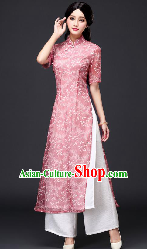 Traditional Chinese Classical Pink Organza Cheongsam National Costume Tang Suit Qipao Dress for Women