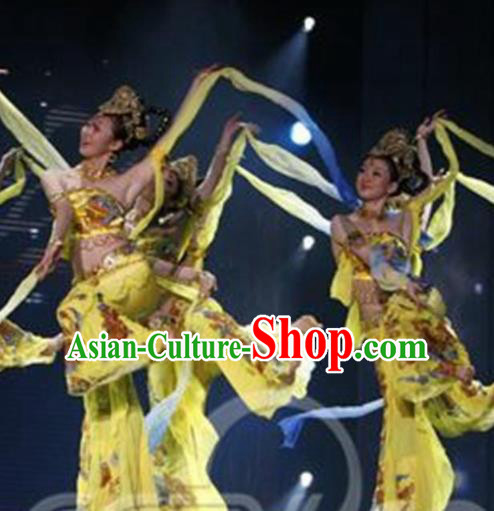 Traditional Chinese Classical Dance Yellow Costume Dunhuang Flying Apsaras Dance Stage Show Dress for Women