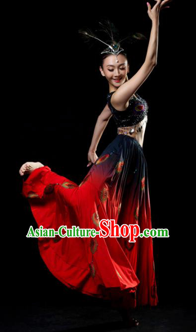 Traditional Chinese Dai Nationality Dance Red Dress Ethnic Peacock Dance Stage Show Costume for Women
