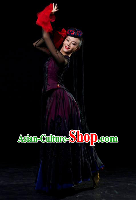 Traditional Chinese Uyghur Nationality Dance Black Dress Uigurian Ethnic Dance Stage Show Costume for Women