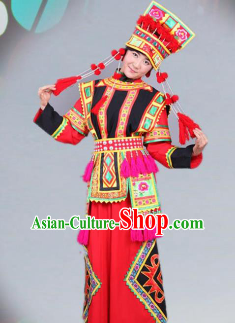 Traditional Chinese Yi Nationality Dance Red Costume Ethnic Wedding Stage Show Dress for Women