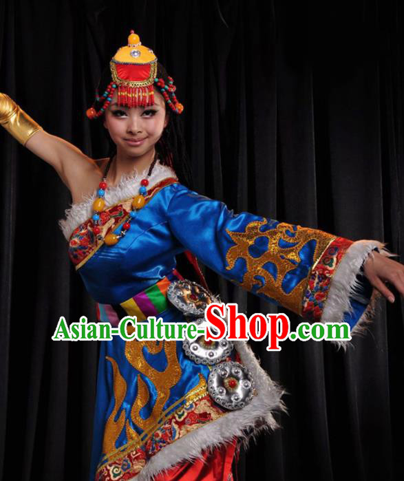 Traditional Chinese Zang Nationality Royalblue Costume Tibetan Ethnic Dance Stage Show Dress for Women