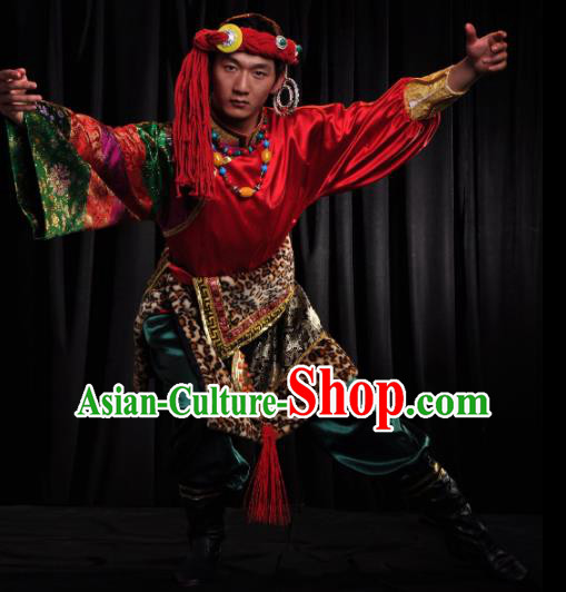 Chinese Traditional Zang Nationality Dance Red Costume Tibetan Ethnic Folk Dance Stage Show Clothing for Men