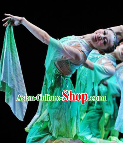 Traditional Chinese Classical Dance Fan Dance Costumes Umbrella Dance Stage Show Green Dress for Women