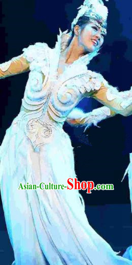 Traditional Chinese Mongol Nationality Dance White Dress Ethnic Mongolian Stage Show Costume for Women