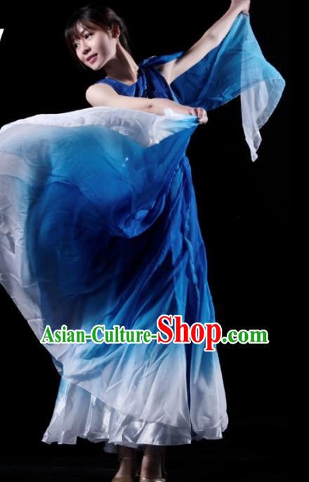 Chinese Chorus Competition Costume Traditional Stage Show Dance Deep Blue Dress for Women