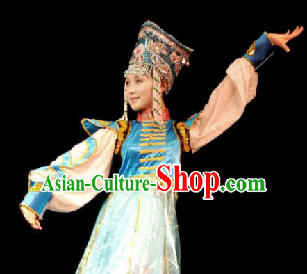 Traditional Chinese Mongol Nationality Blue Costume Mongolian Ethnic Dance Stage Show Dress for Women