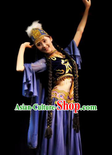 Traditional Chinese Uyghur Nationality Blue Costume Uyghurian Ethnic Dance Stage Show Dress for Women