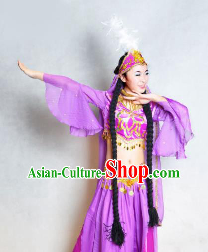 Traditional Chinese Uyghur Nationality Purple Costume Uyghurian Ethnic Dance Stage Show Dress for Women