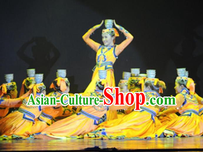 Traditional Chinese Mongol Nationality Bowl Dance Costume Ethnic Stage Show Yellow Dress for Women