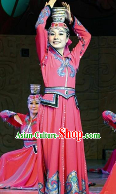 Traditional Chinese Mongol Nationality Bowl Dance Costume Ethnic Stage Show Rosy Dress for Women
