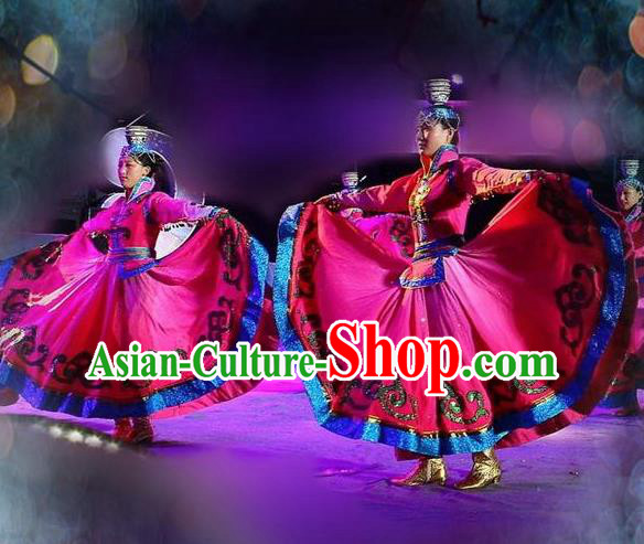 Traditional Chinese Mongol Nationality Bowl Dance Costume Ethnic Stage Show Rosy Dress for Women
