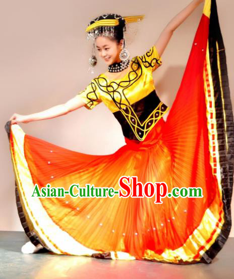 Traditional Chinese Yi Nationality Orange Costume Ethnic Dance Stage Show Dress for Women