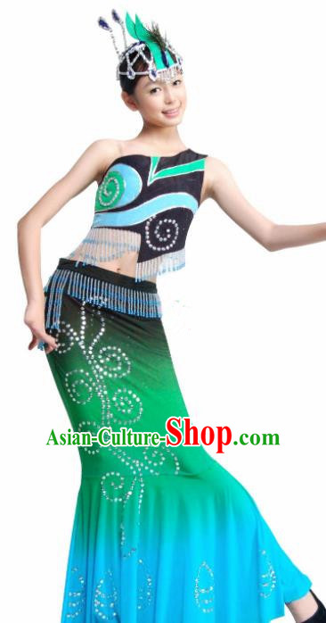 Traditional Chinese Dai Nationality Green Costume Ethnic Peacock Dance Stage Show Dress for Women
