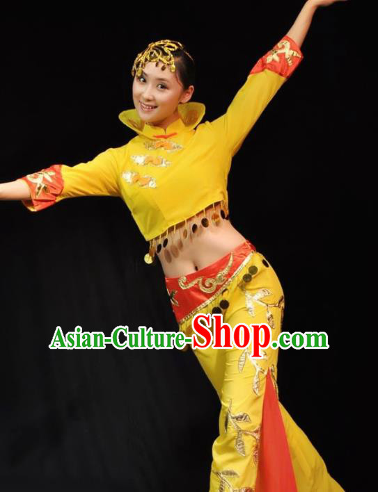 Traditional Chinese Fan Dance Yellow Costumes Folk Dance Yangko Dance Stage Show Dress for Women