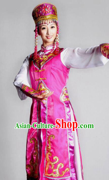 Traditional Chinese Mongolian Nationality Rosy Costume Mongol Ethnic Dance Stage Show Dress for Women