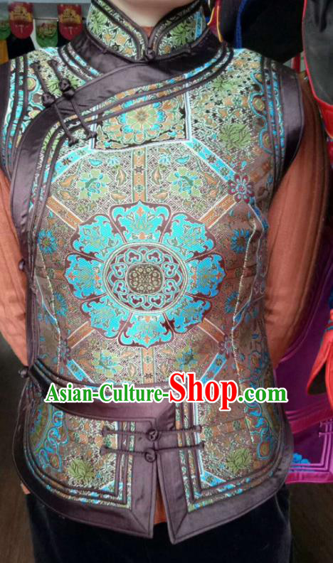 Traditional Chinese Mongol Nationality Brown Brocade Vest Mongolian Ethnic Stage Show Costume for Women
