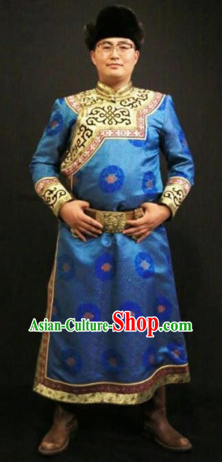 Chinese Traditional Mongol Nationality Costumes Mongolian Ethnic Light Blue Robe for Men