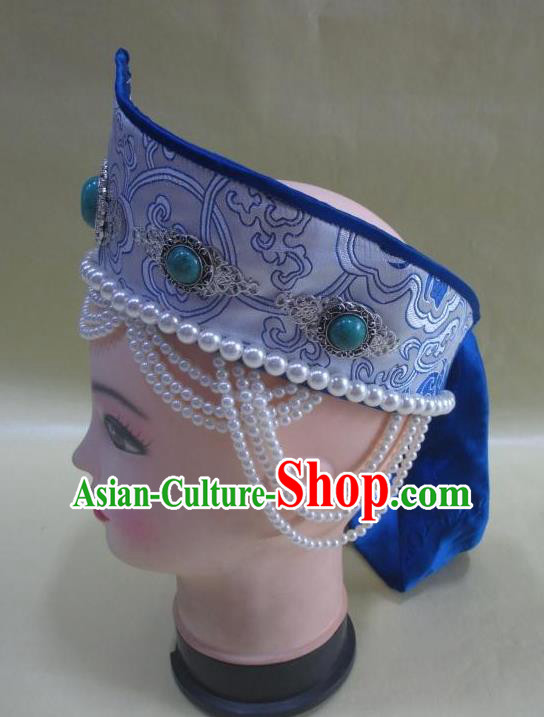 Traditional Chinese Mongol Nationality Hair Accessories Mongolian Ethnic Blue Hat for Women