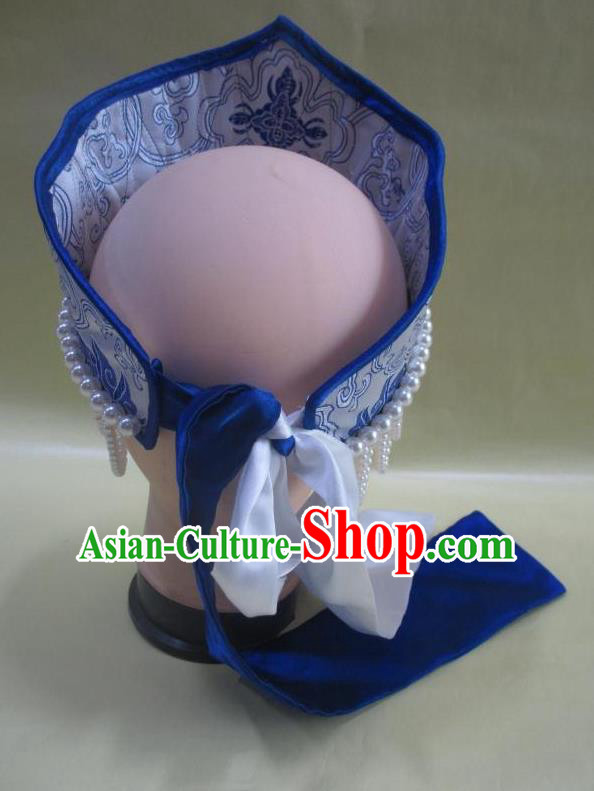 Traditional Chinese Mongol Nationality Hair Accessories Mongolian Ethnic Blue Hat for Women
