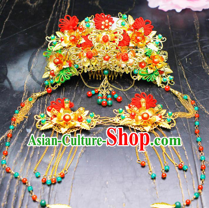 Chinese Traditional Wedding Golden Hair Comb Hairpins Ancient Bride Hair Accessories for Women