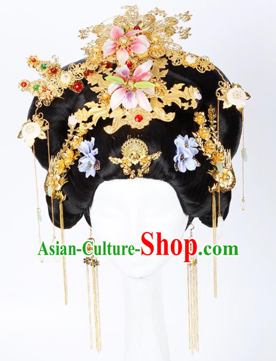 Chinese Traditional Tang Dynasty Queen Wigs and Hairpins Ancient Imperial Consort Hair Accessories for Women