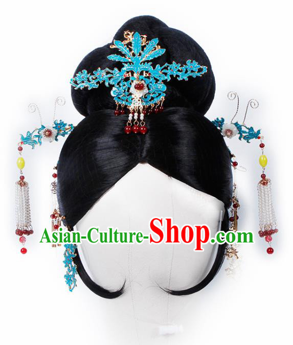 Chinese Traditional Qing Dynasty Queen Wigs and Hairpins Ancient Imperial Consort Hair Accessories for Women