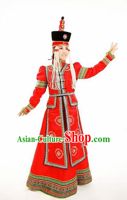 Traditional Chinese Mongol Nationality Red Dress Mongolian Ethnic Dance Costume and Hat for Women