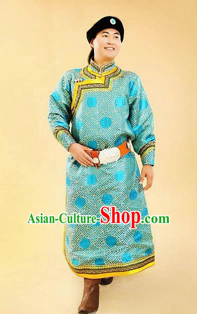 Chinese Traditional Mongol Nationality Costumes Mongolian Ethnic Blue Robe for Men
