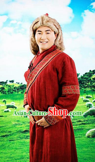 Chinese Traditional Mongol Nationality Costumes Mongolian Ethnic Red Robe for Men