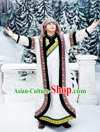 Chinese Traditional Mongol Nationality White Costumes Mongolian Ethnic Prince Robe for Men