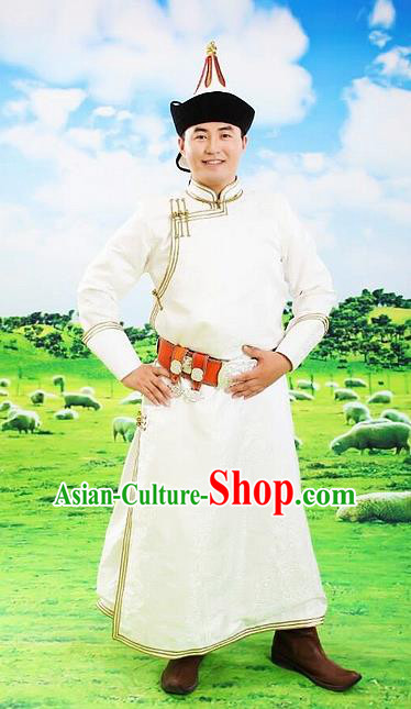 Chinese Traditional Mongol Nationality Costumes Mongolian Ethnic Prince White Robe for Men