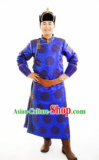 Chinese Traditional Mongol Nationality Costumes Mongolian Ethnic Prince Royalblue Robe for Men