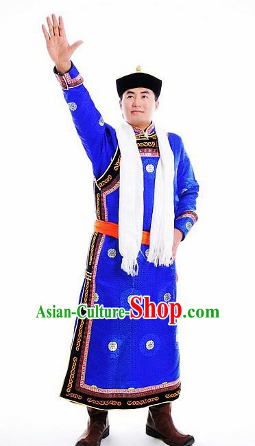 Chinese Traditional Mongol Nationality Costumes Mongolian Ethnic Prince Blue Robe for Men