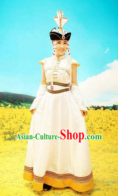 Traditional Chinese Mongol Nationality Wedding White Dress and Hat Mongolian Ethnic Dance Costume for Women
