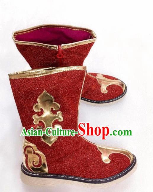 Chinese Traditional Mongol Nationality Red Boots Mongolian Ethnic Leather Riding Boots for Kids