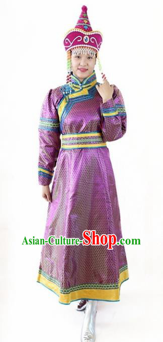 Traditional Chinese Mongol Nationality Dance Purple Dress Mongolian Ethnic Stage Show Costume for Women