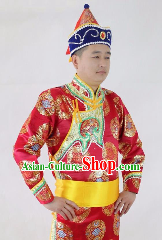 Chinese Traditional Mongol Nationality Red Costumes Mongolian Ethnic Dance Robe for Men
