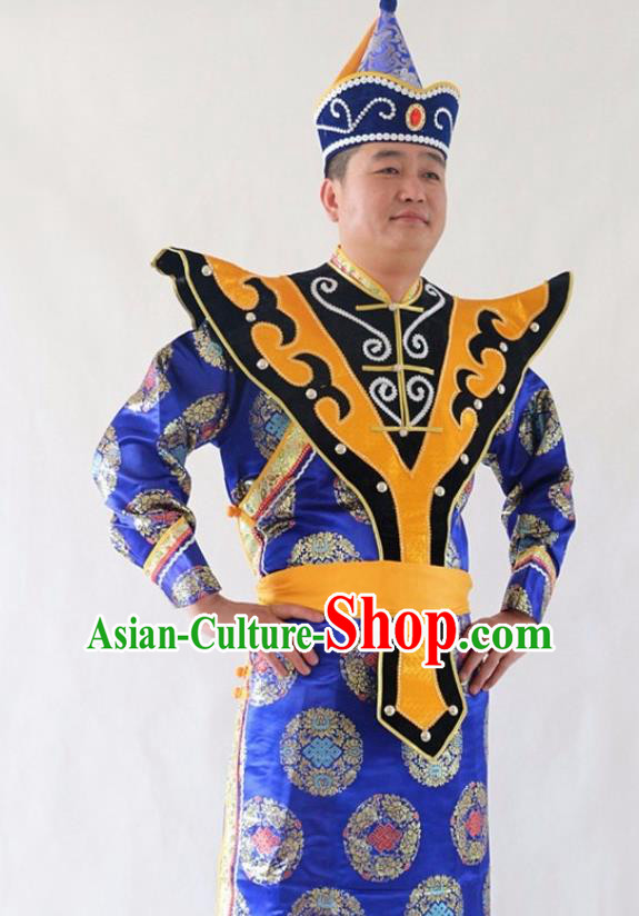 Chinese Traditional Mongol Nationality Royalblue Costumes Mongolian Ethnic Dance Robe for Men