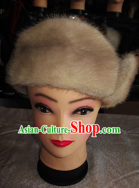 Traditional Chinese Mongol Nationality Winter Headwear Mongolian Ethnic Royalblue Marten Hat for Women